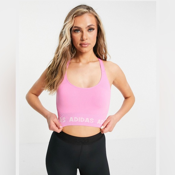 adidas Training aeroknit logo 7/8 leggings and bra in bright pink - Picture 7 of 9